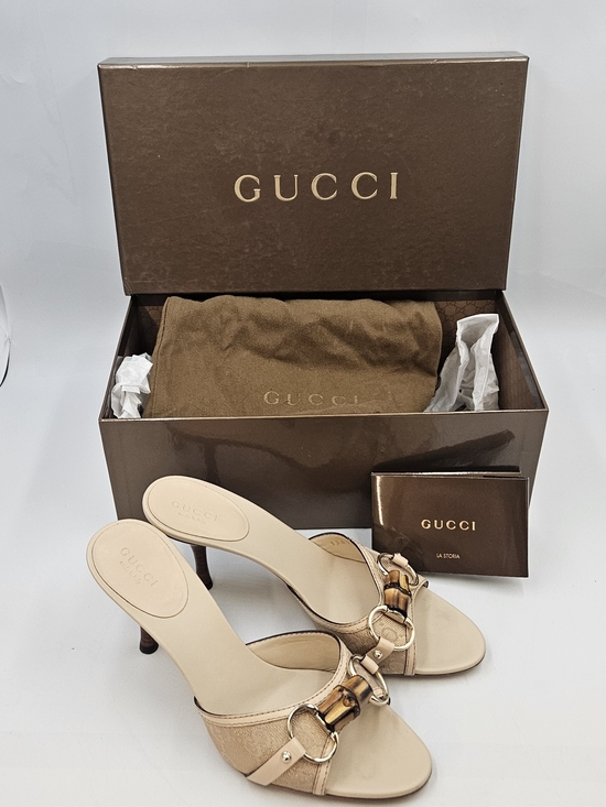Gucci Shoes - Gucci 2000's Beige Leather Bamboo Horsebit Slide Heels,Size 6